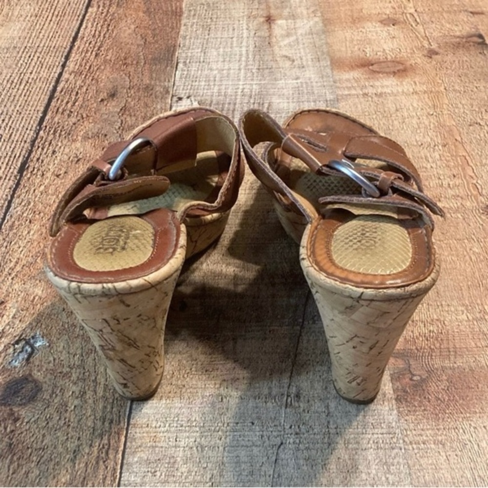 Born‎ Brown Leather Cork Wedge Sandals Strappy Buckle Slide W62326 Womens 7 - Picture 3 of 8